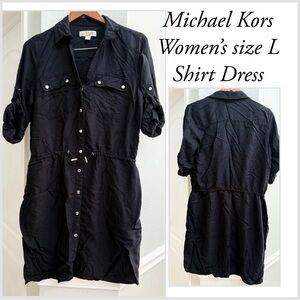 MICHAEL Michael Kors Shirt Dress size L Elastic Tie Cinch Waist Button Up womens